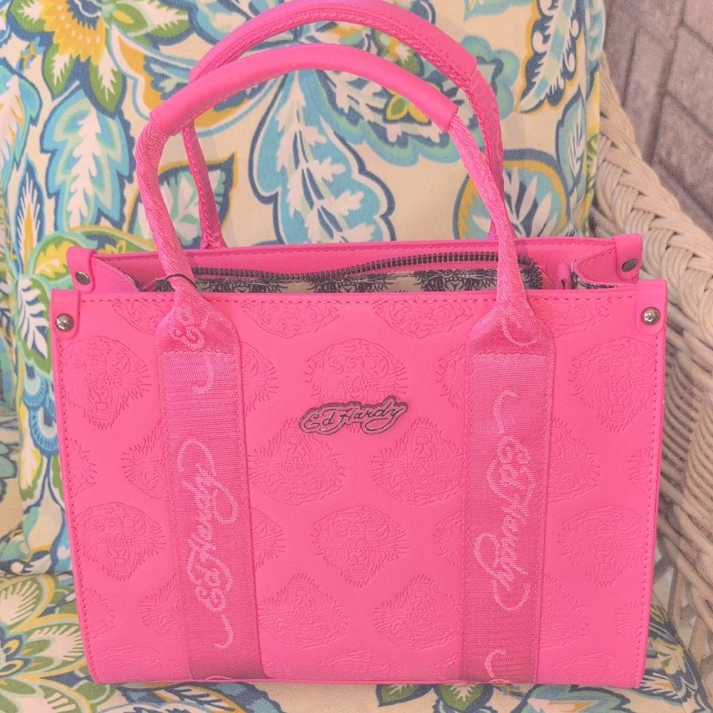 Ed Hardy Pink Embossed Tote With Shoulder Strap NWT